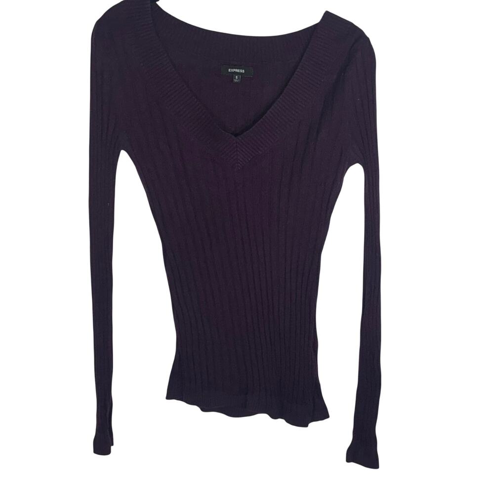 Express Ribbed Knit V Neck Sweater Top Purple Long Sleeve Stretch Size Small